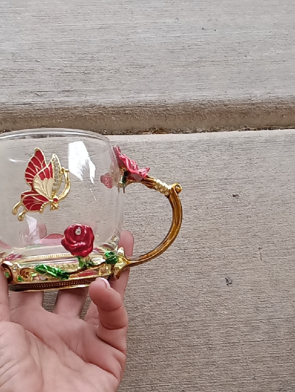 Glass Tea Cup with Gold Handle and Red Rose Accents
